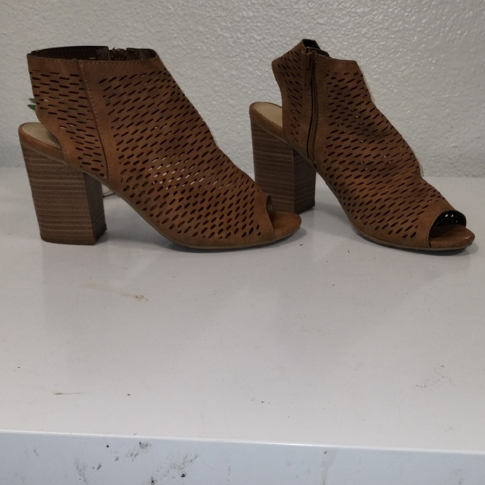 Soda Tan Peep-Toe Heeled Boots